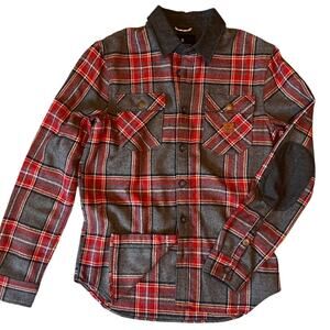 Roark Flannel Shirt Revival Nordsman Men’s Small Red Grey Wool Blend Elbow Patch